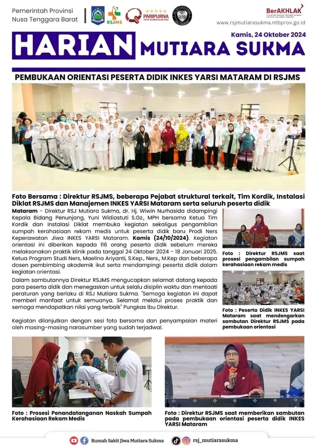 PEMBUKAAN ORIENTASI PESERTA DIDIK INKES YARSI MATARAM DI RSJMS